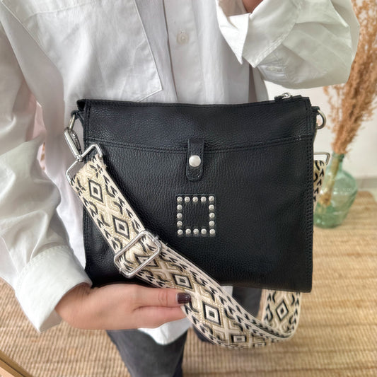 Bandolera negra piel herrajes plata