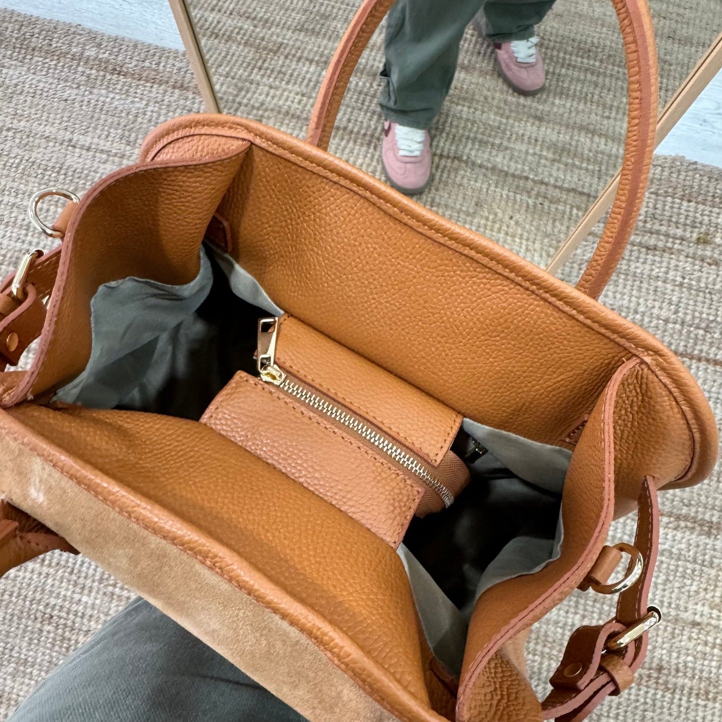 Shopper hebillas serraje y piel camel - Bubbleshopbcn