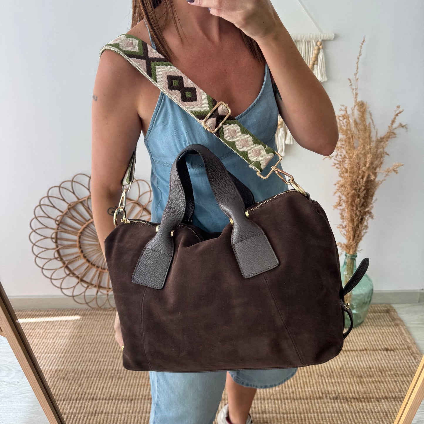 Bolso Bowling de Serraje y Piel marrón