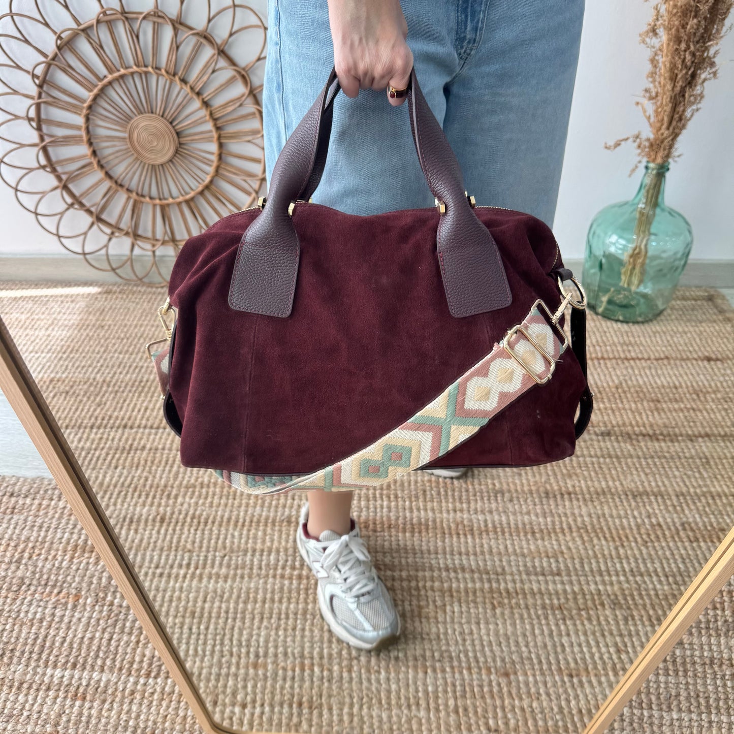 Bolso Bowling de Serraje y Piel granate
