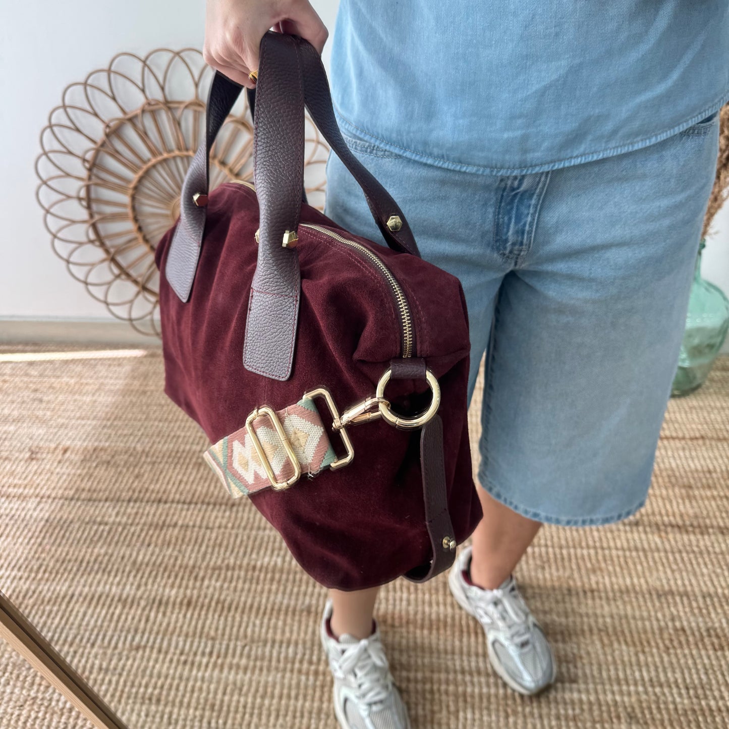 Bolso Bowling de Serraje y Piel granate