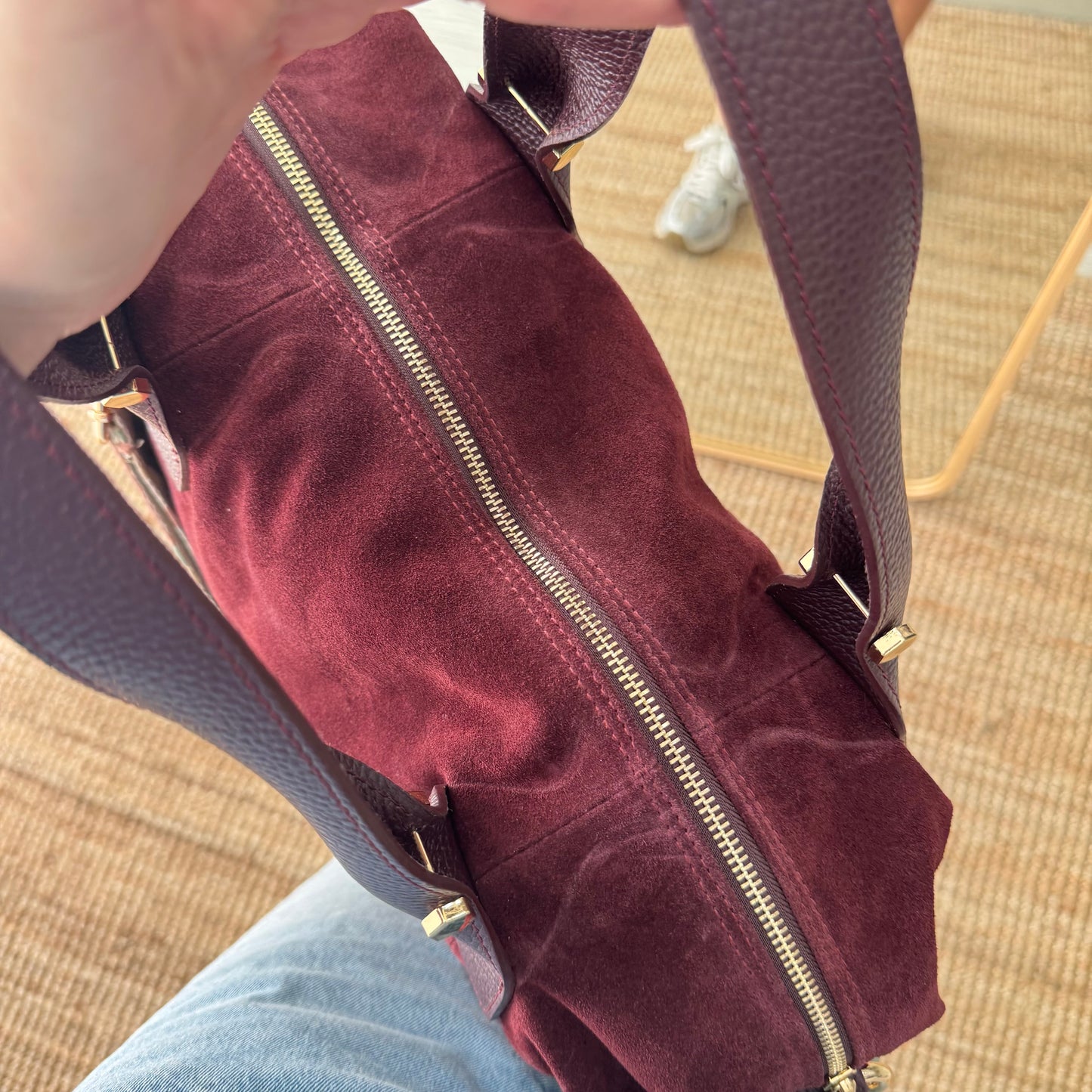 Bolso Bowling de Serraje y Piel granate