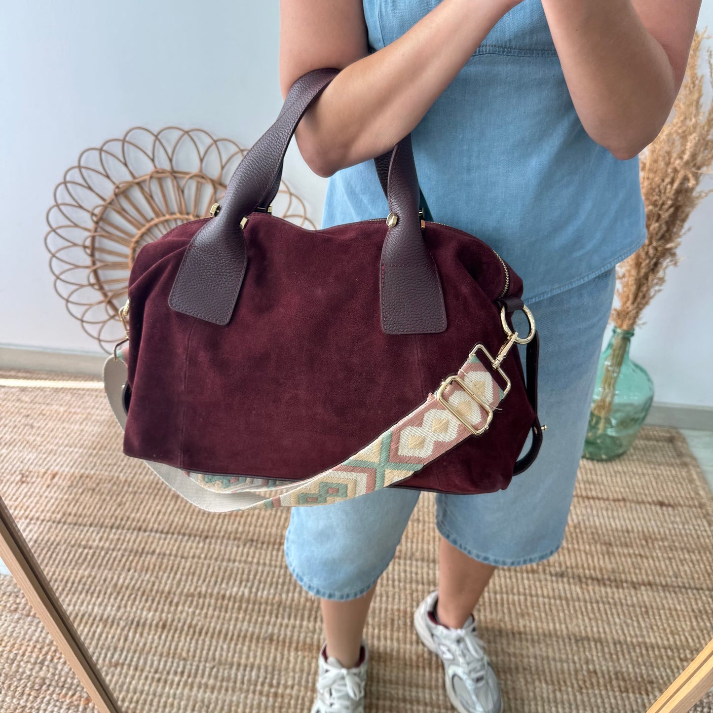 Bolso Bowling de Serraje y Piel granate