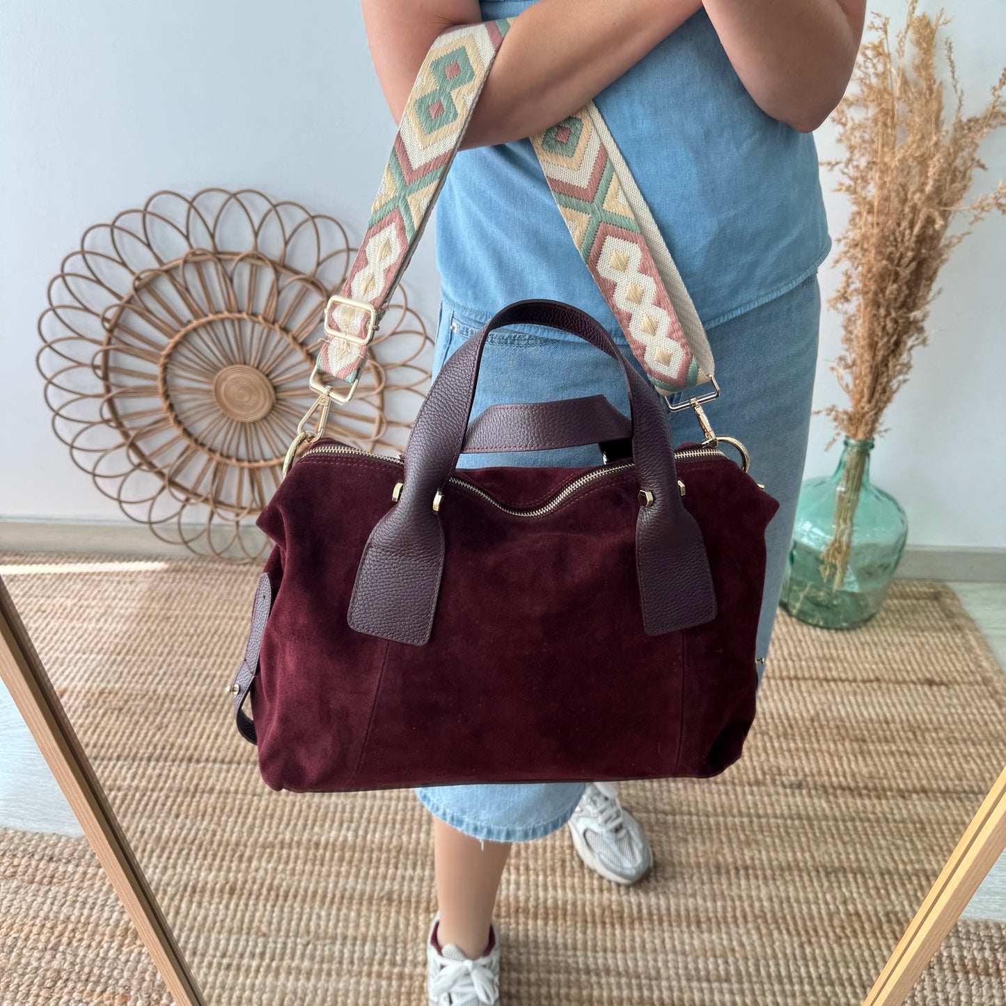 Bolso Bowling de Serraje y Piel granate