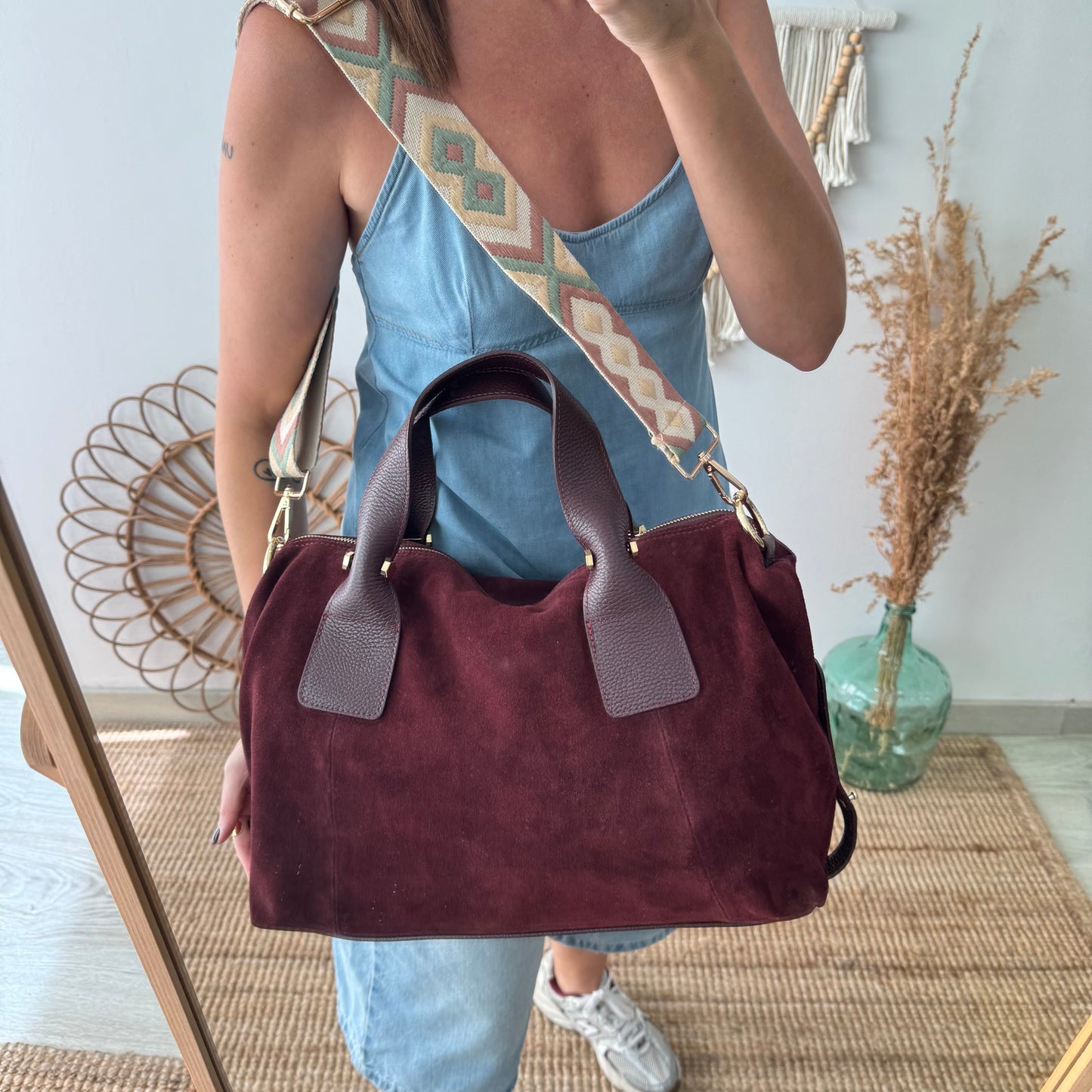 Bolso Bowling de Serraje y Piel granate