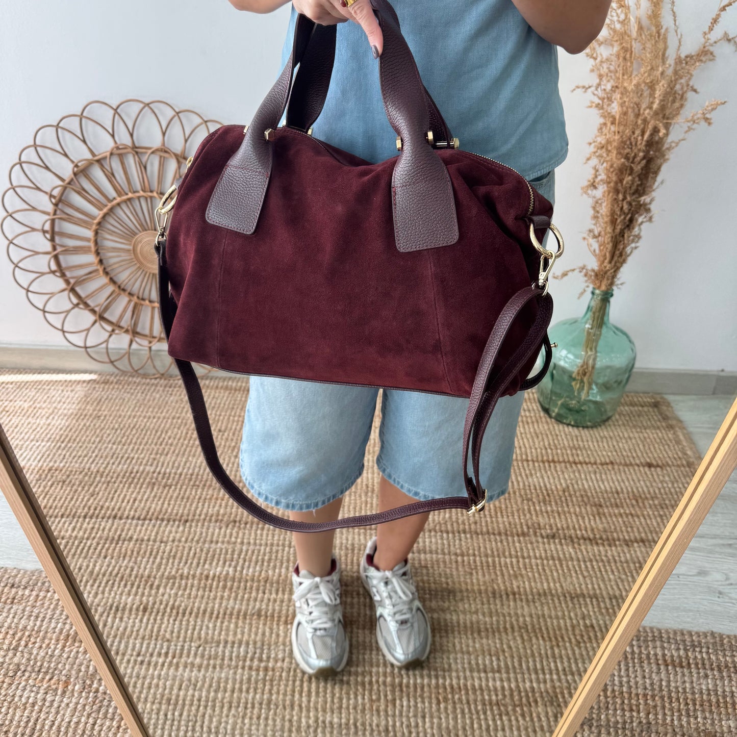 Bolso Bowling de Serraje y Piel granate