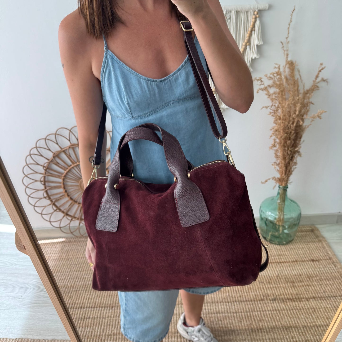 Bolso Bowling de Serraje y Piel granate