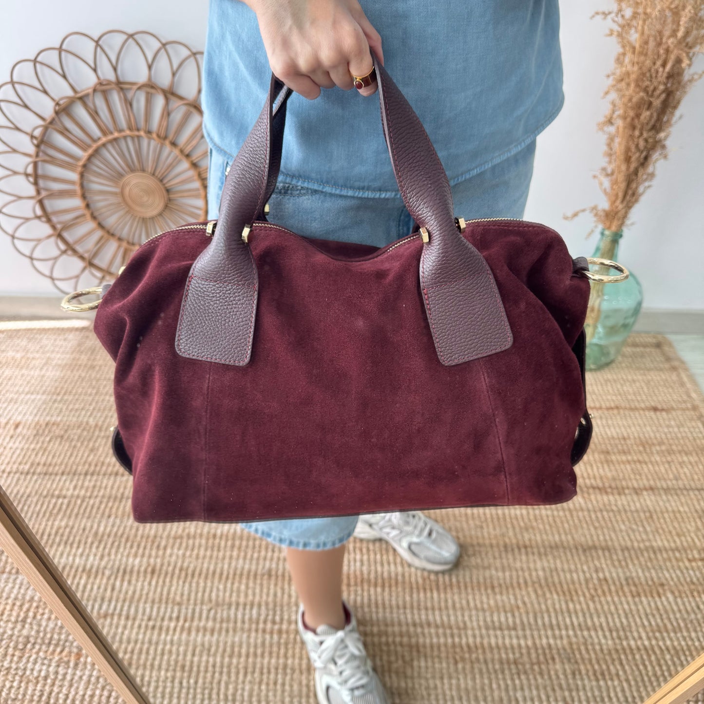 Bolso Bowling de Serraje y Piel granate