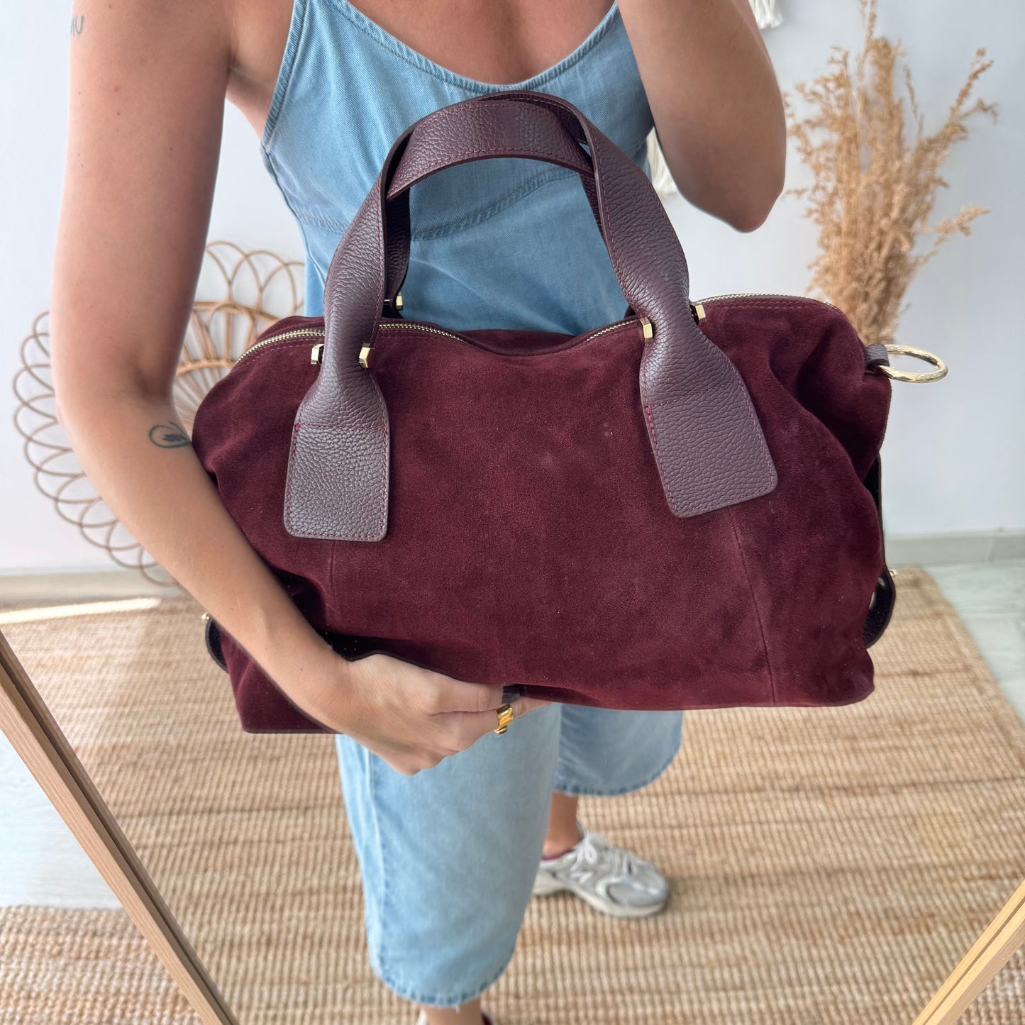 Bolso Bowling de Serraje y Piel granate