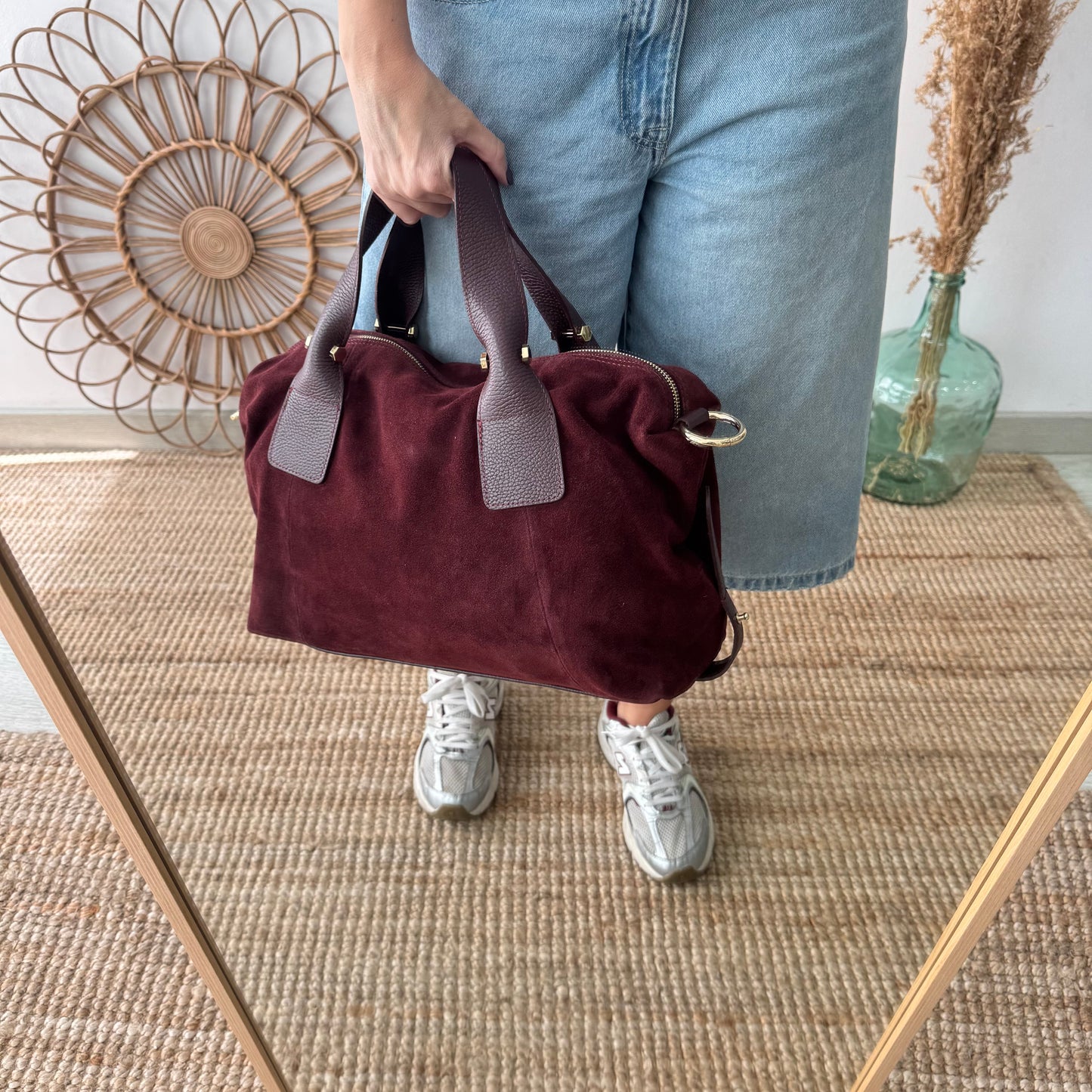 Bolso Bowling de Serraje y Piel granate