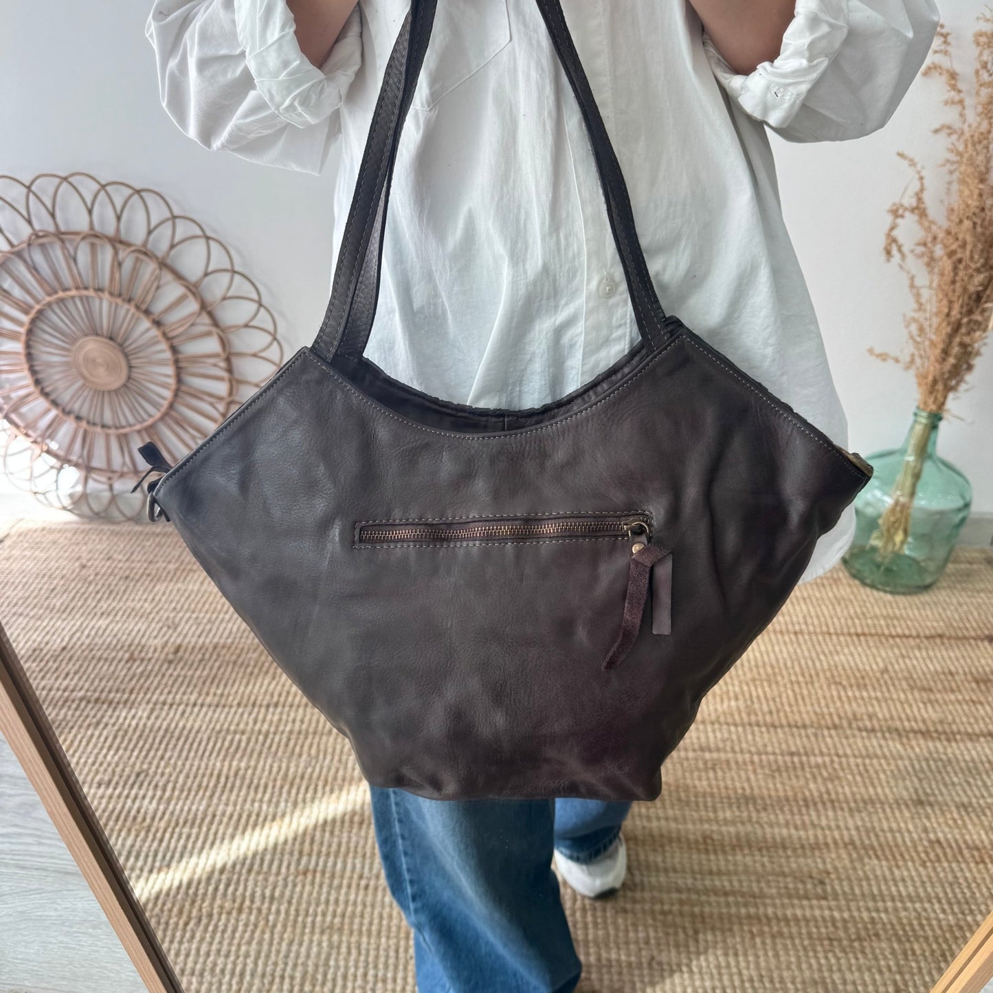 Bolso trapecio piel lavada marrón - Bubbleshopbcn