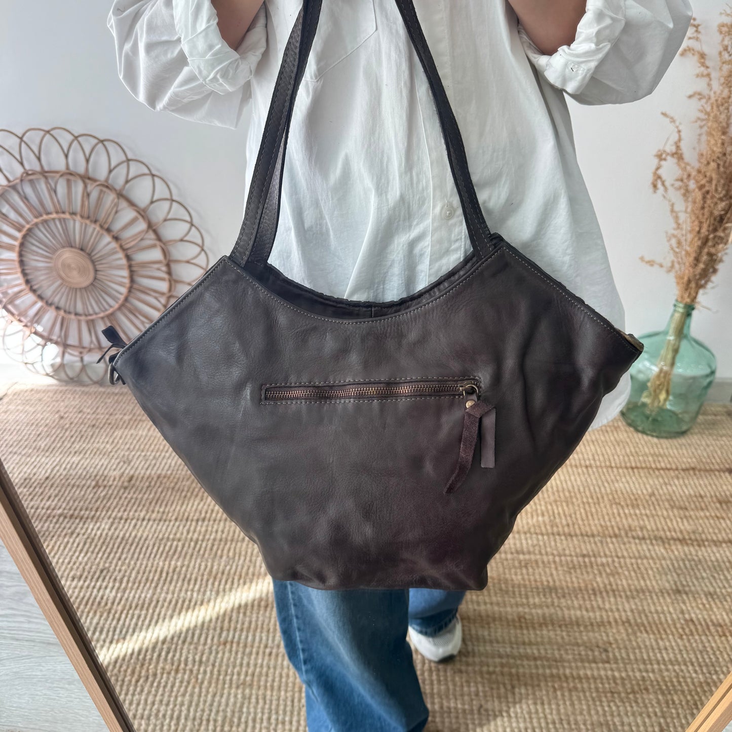 Bolso trapecio piel lavada marrón