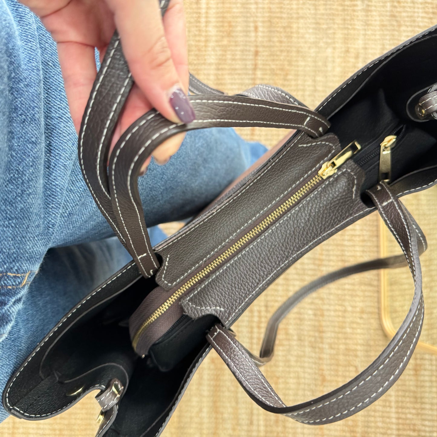 Bolso tote piel y serraje marrón