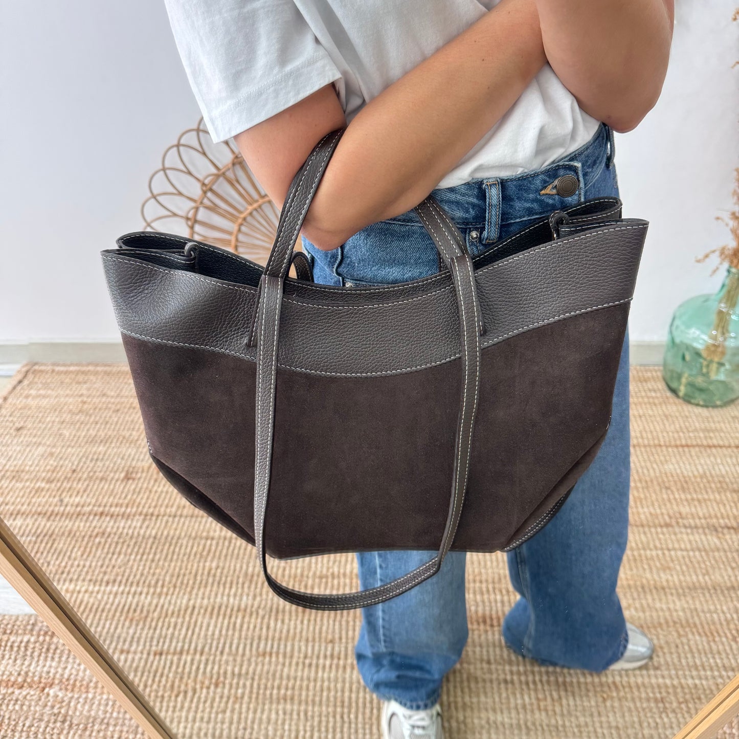 Bolso tote piel y serraje marrón