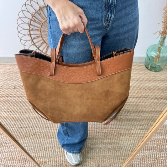 Bolso tote piel y serraje camel