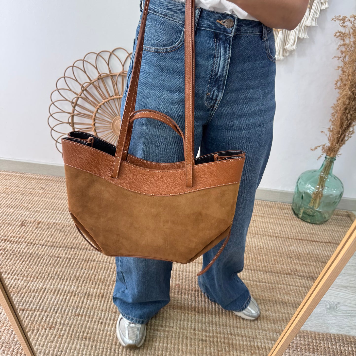 Bolso tote piel y serraje camel