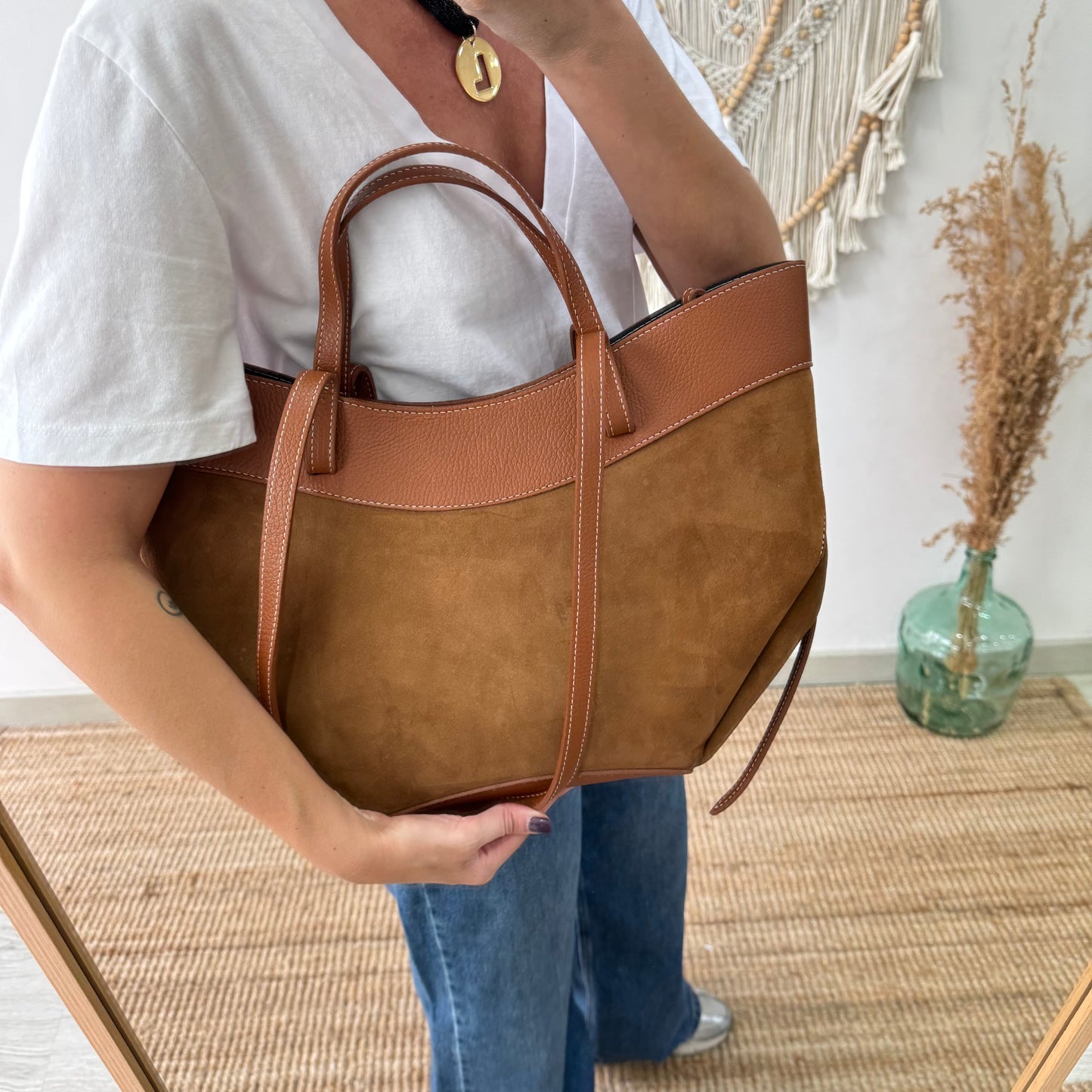 Bolso tote piel y serraje camel