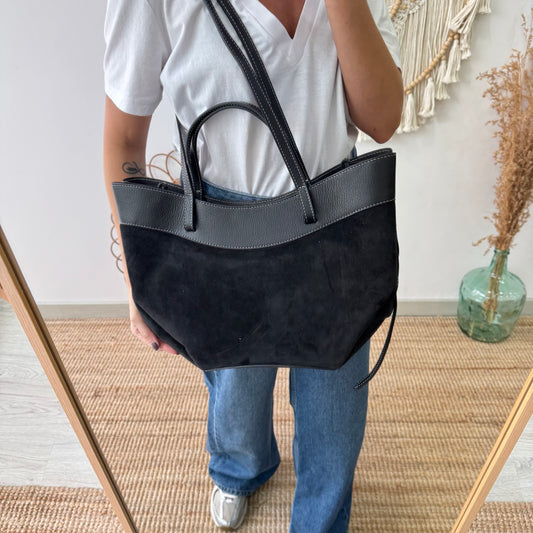 Bolso tote piel y serraje negro