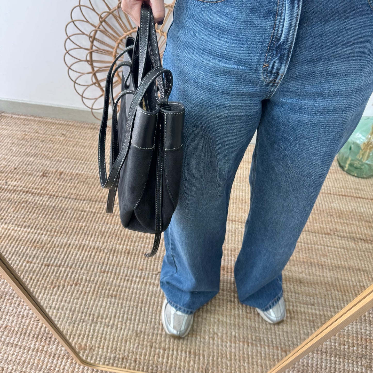 Bolso tote piel y serraje negro