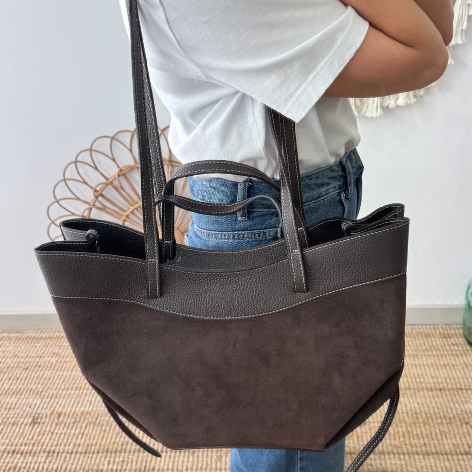 Bolso tote piel y serraje marrón