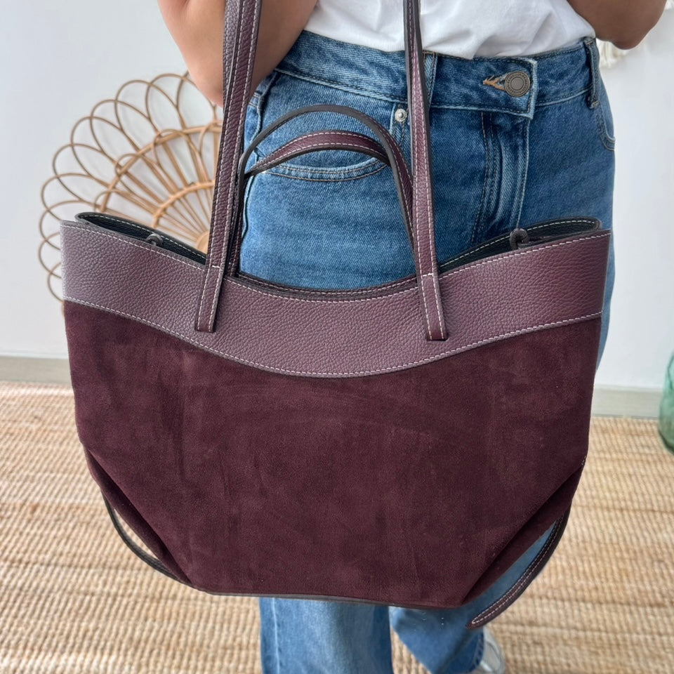 Bolso tote piel y serraje granate