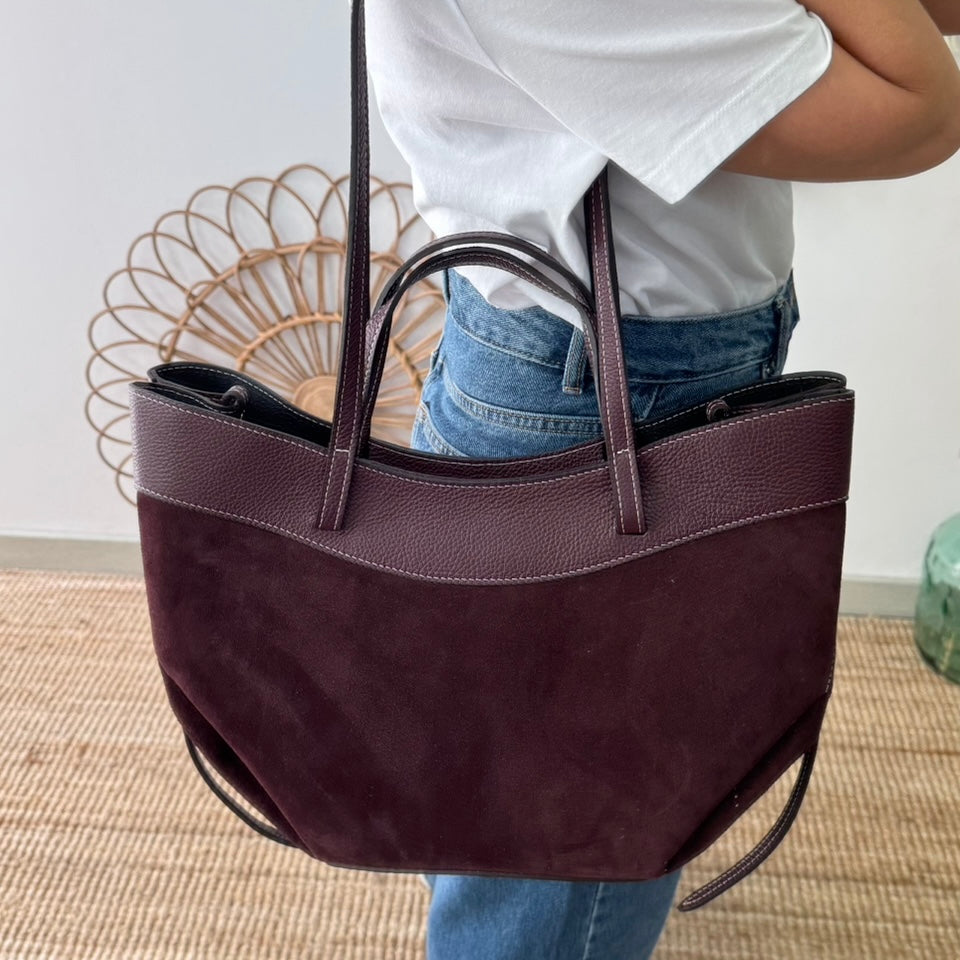 Bolso tote piel y serraje granate