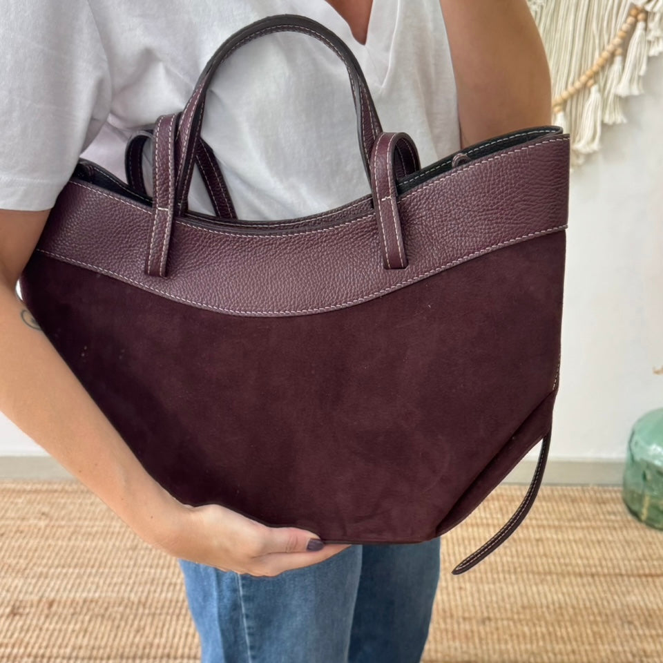 Bolso tote piel y serraje granate