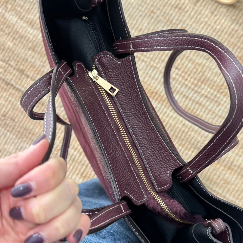 Bolso tote piel y serraje granate