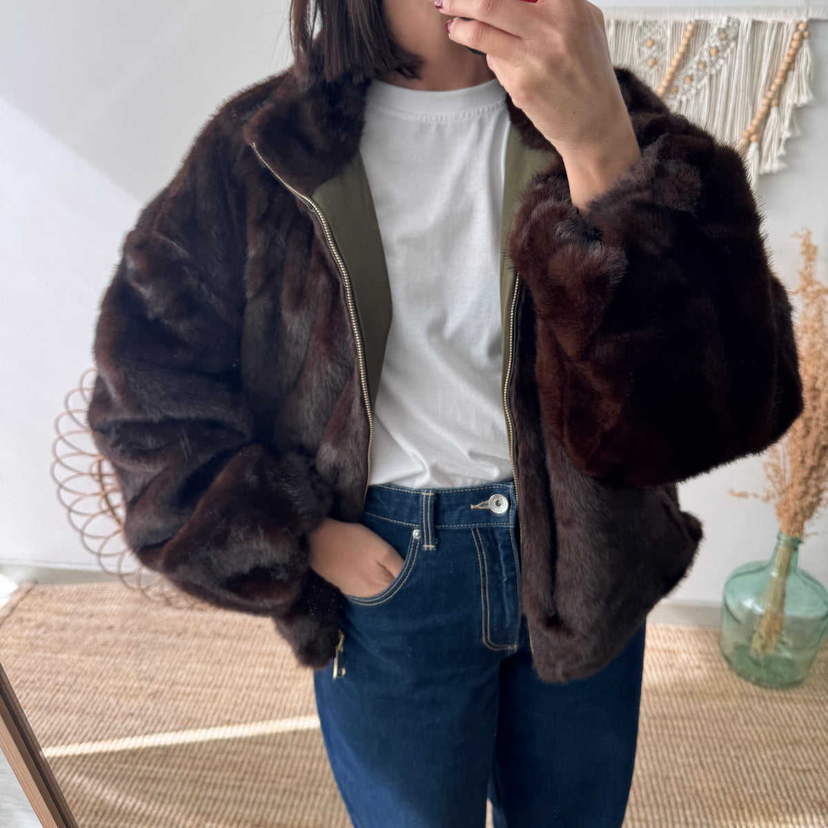 Chaqueta reversible caqui efecto pelo