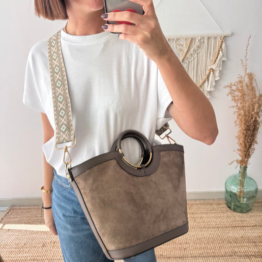 Bolso Cubo en piel y serraje taupe