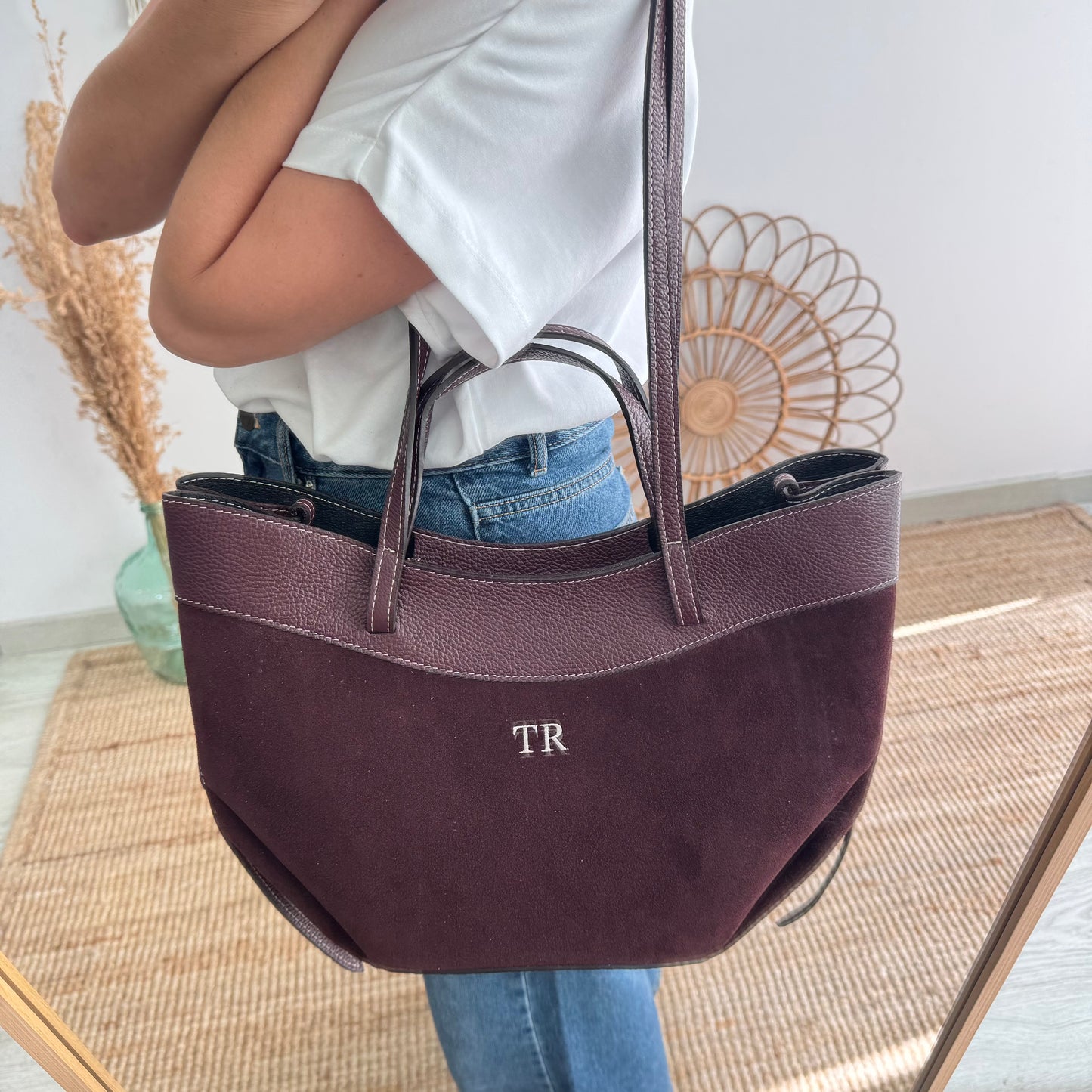 Bolso tote piel y serraje granate