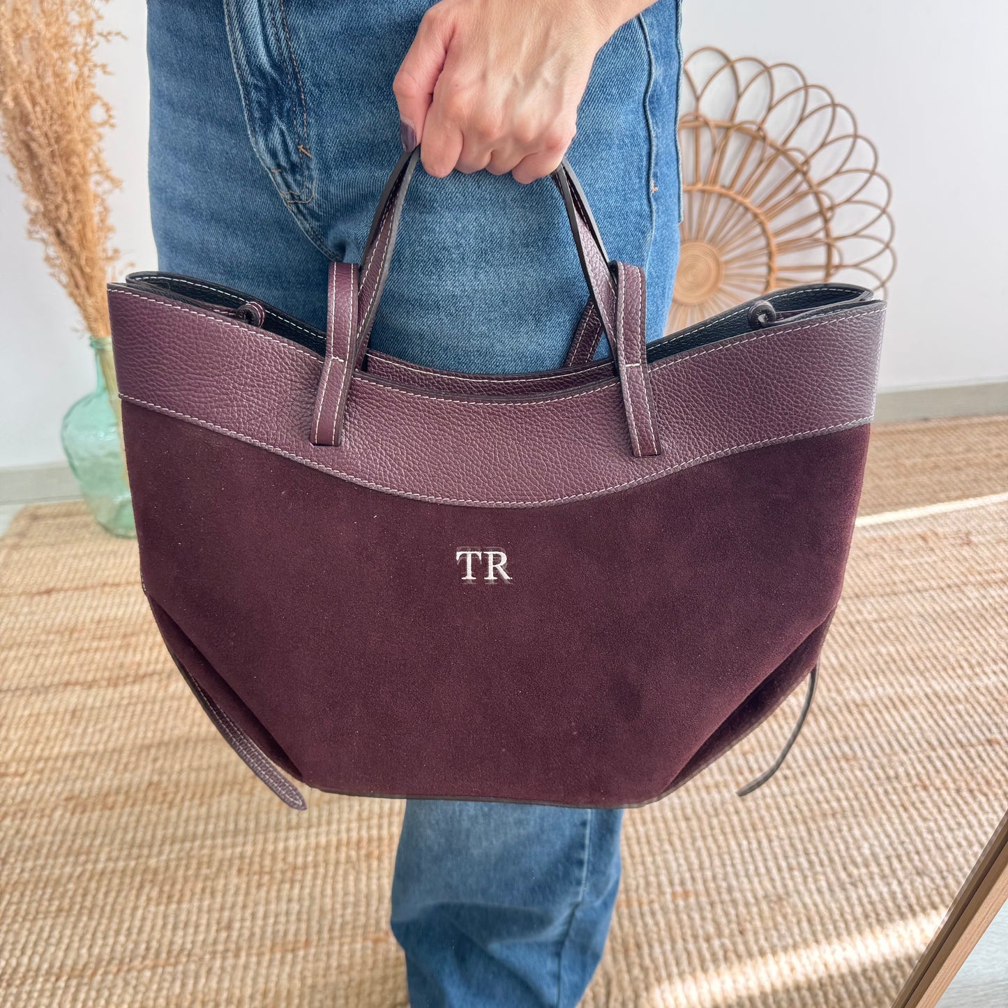 Bolso tote piel y serraje granate