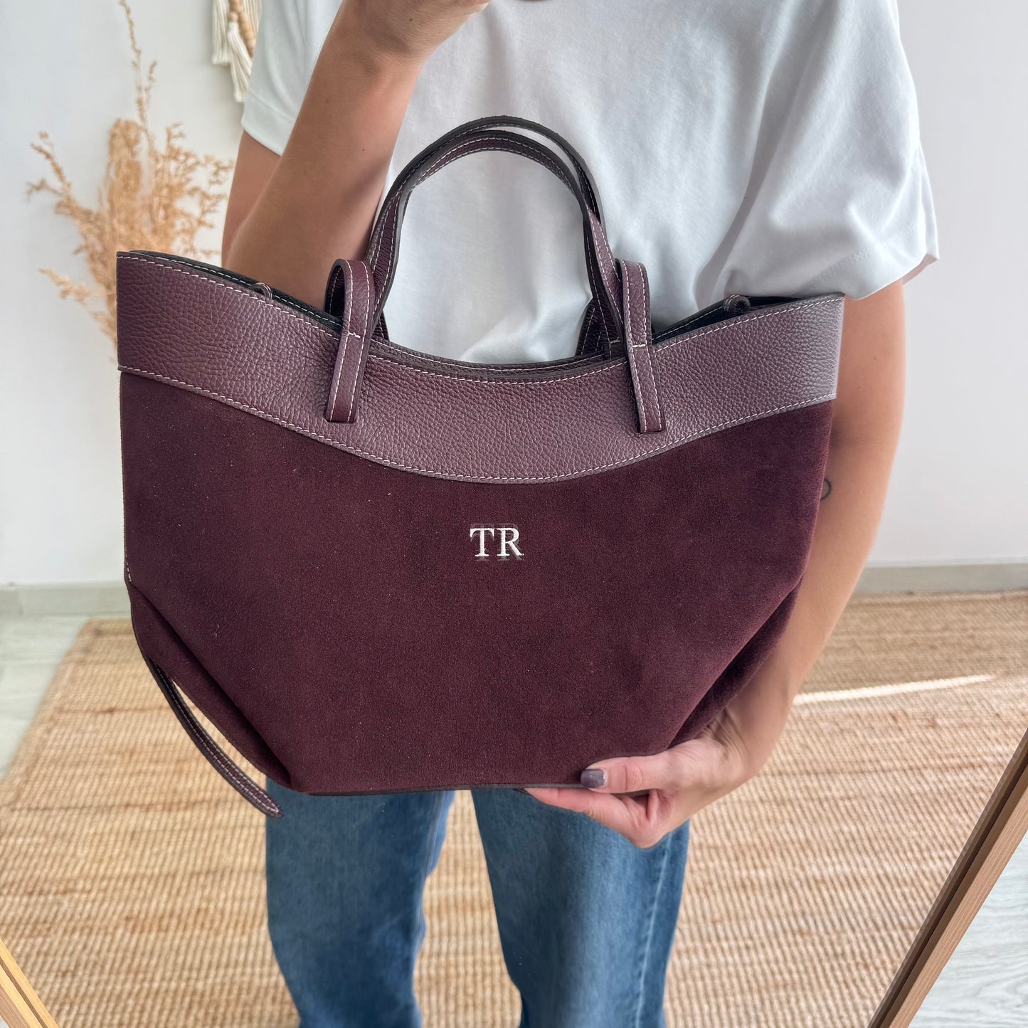 Bolso tote piel y serraje granate