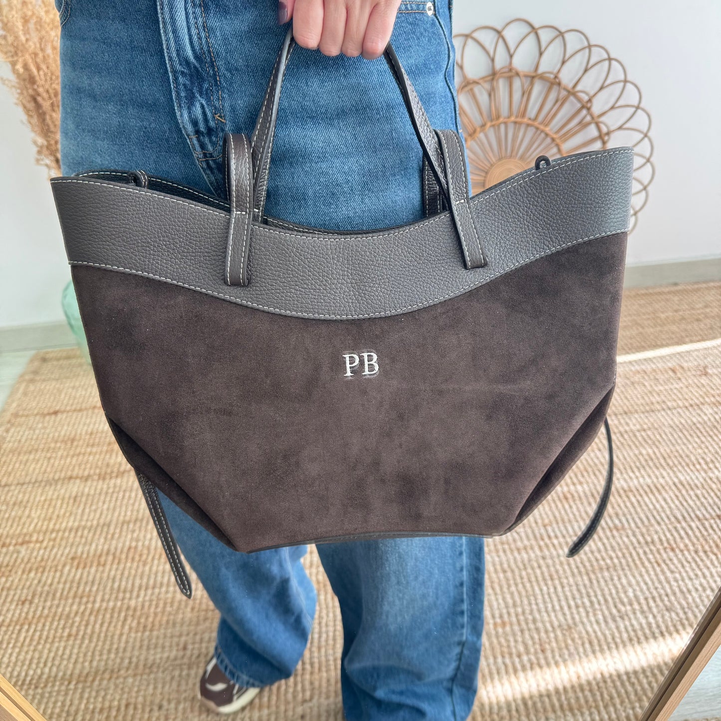Bolso tote piel y serraje marrón
