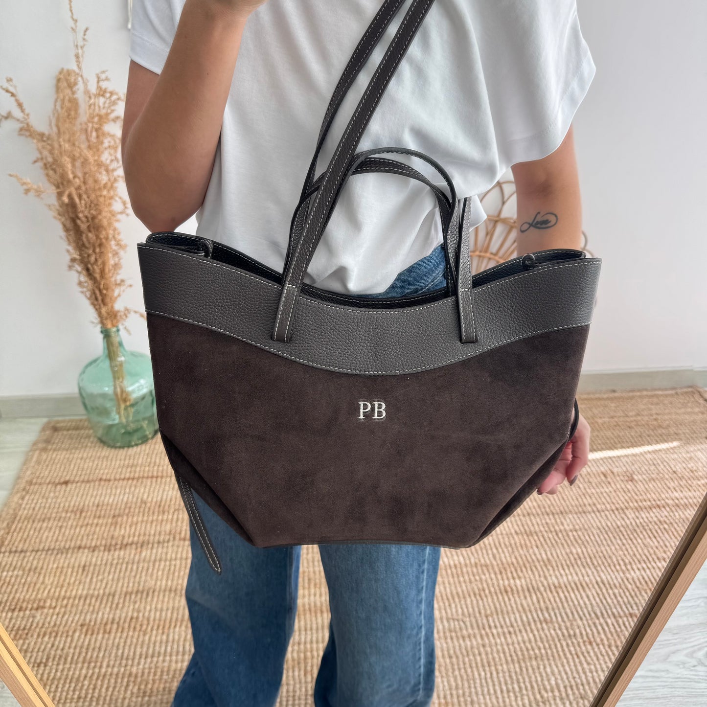 Bolso tote piel y serraje marrón