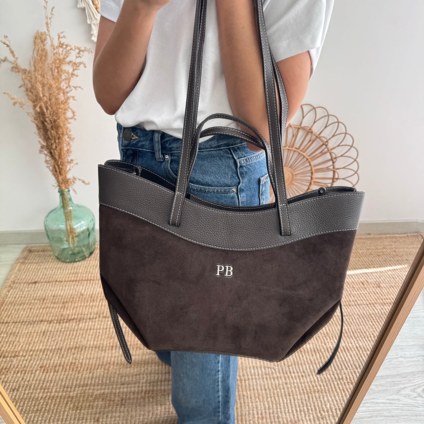 Bolso tote piel y serraje marrón