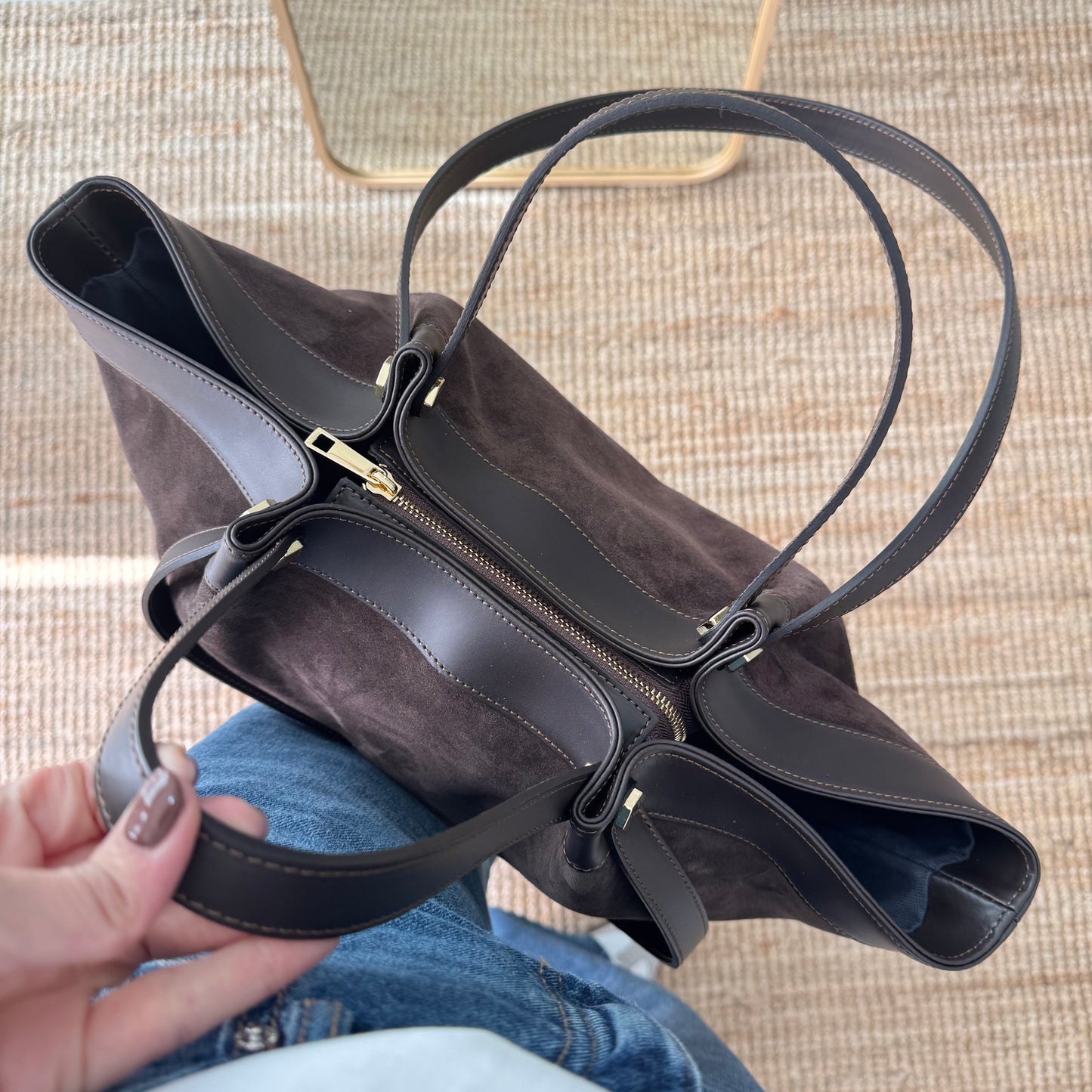 Shopper en piel y serraje marrón