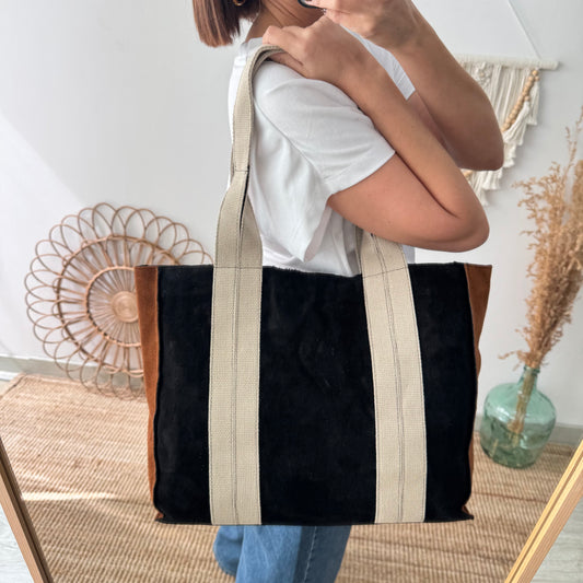 Bolso tote serraje y lona negro