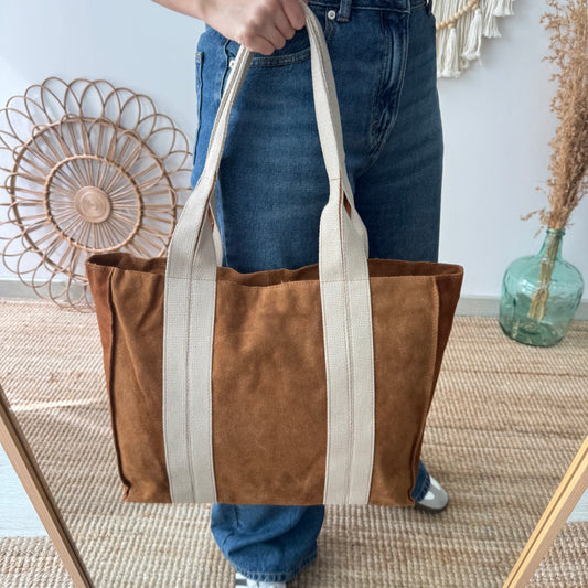 Bolso tote serraje y lona camel