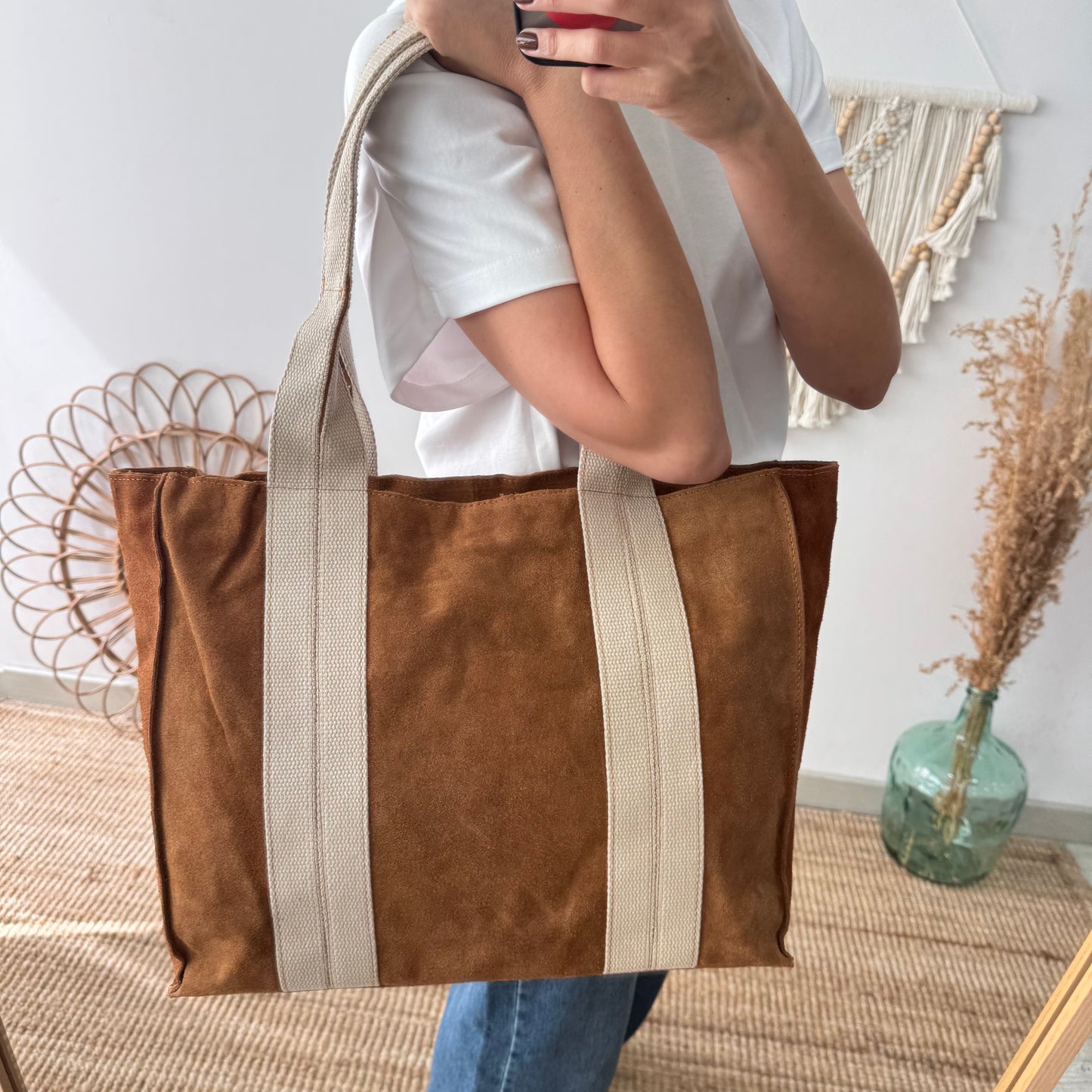 Bolso tote serraje y lona camel