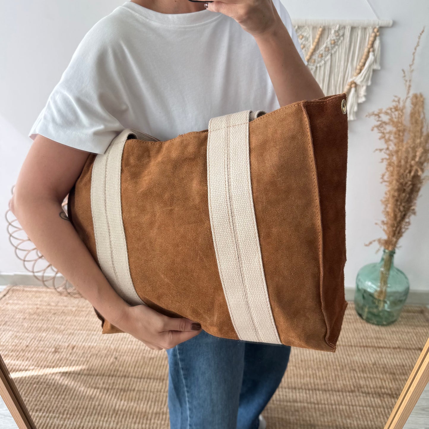 Bolso tote serraje y lona camel