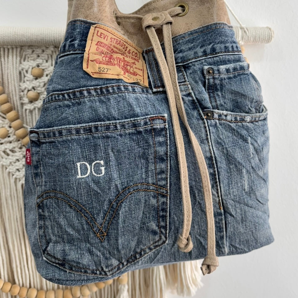 Bolso bombonera denim/piel taupe
