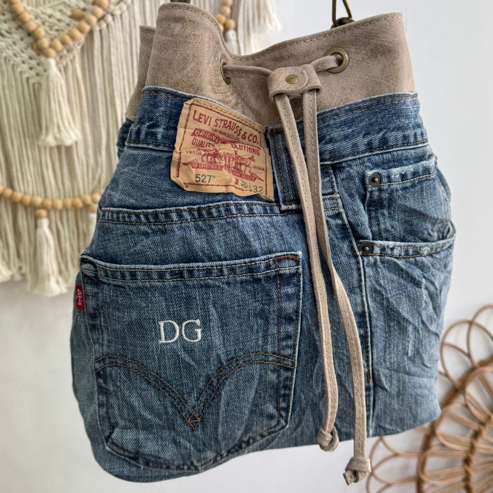 Bolso bombonera denim/piel taupe