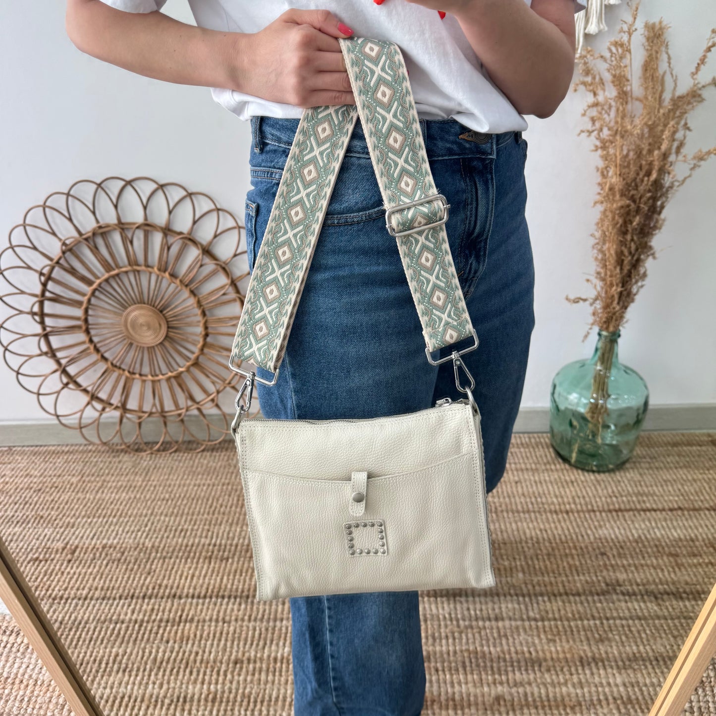 Bandolera beige piel herrajes plata