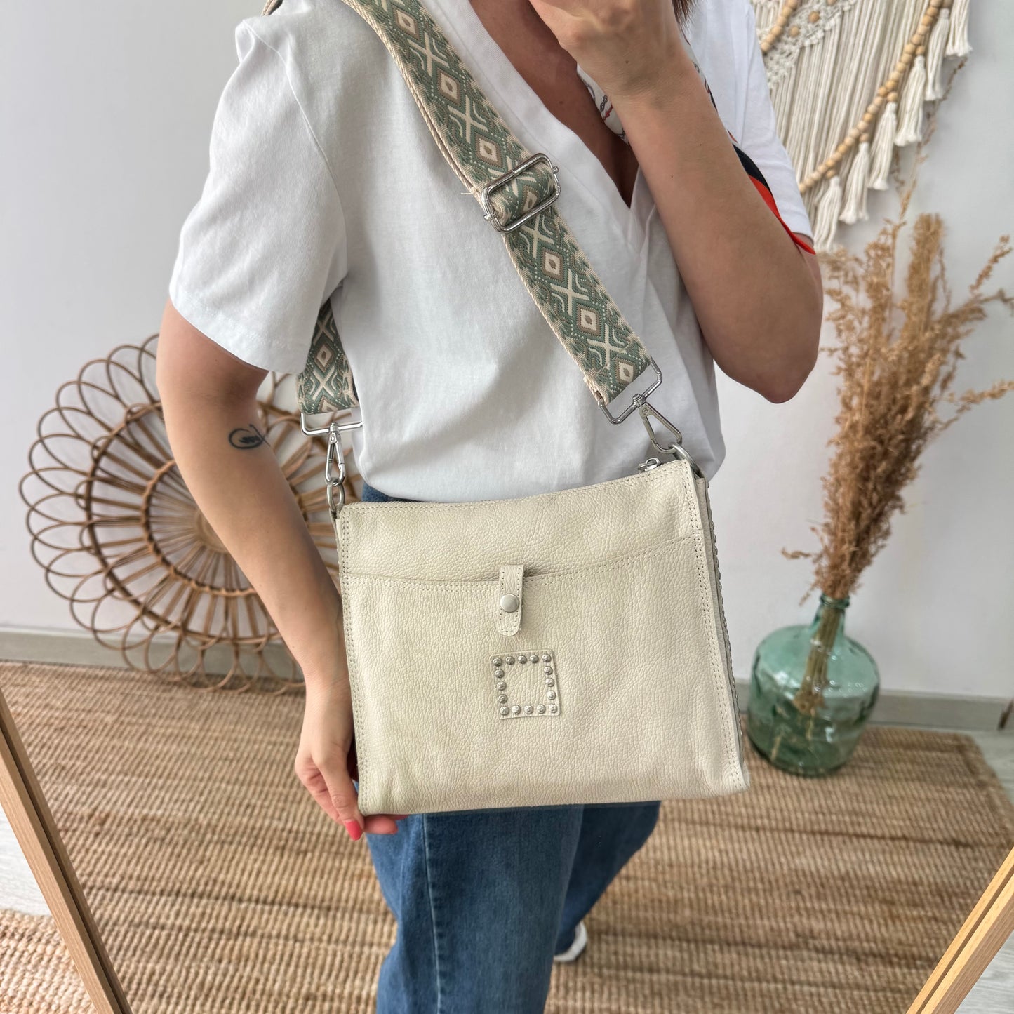 Bandolera beige piel herrajes plata