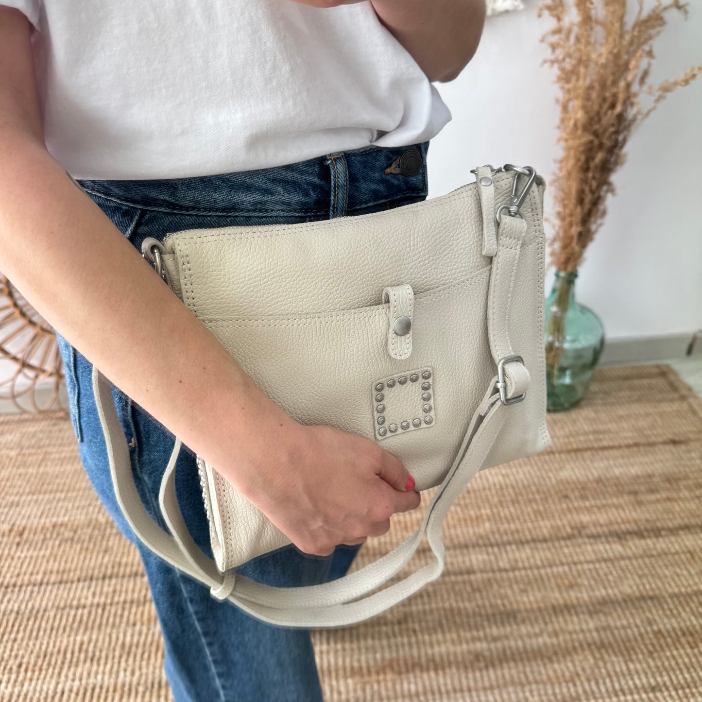 Bandolera beige piel herrajes plata