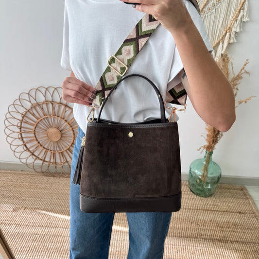 Bolso trapecio combinado serraje y piel marrón
