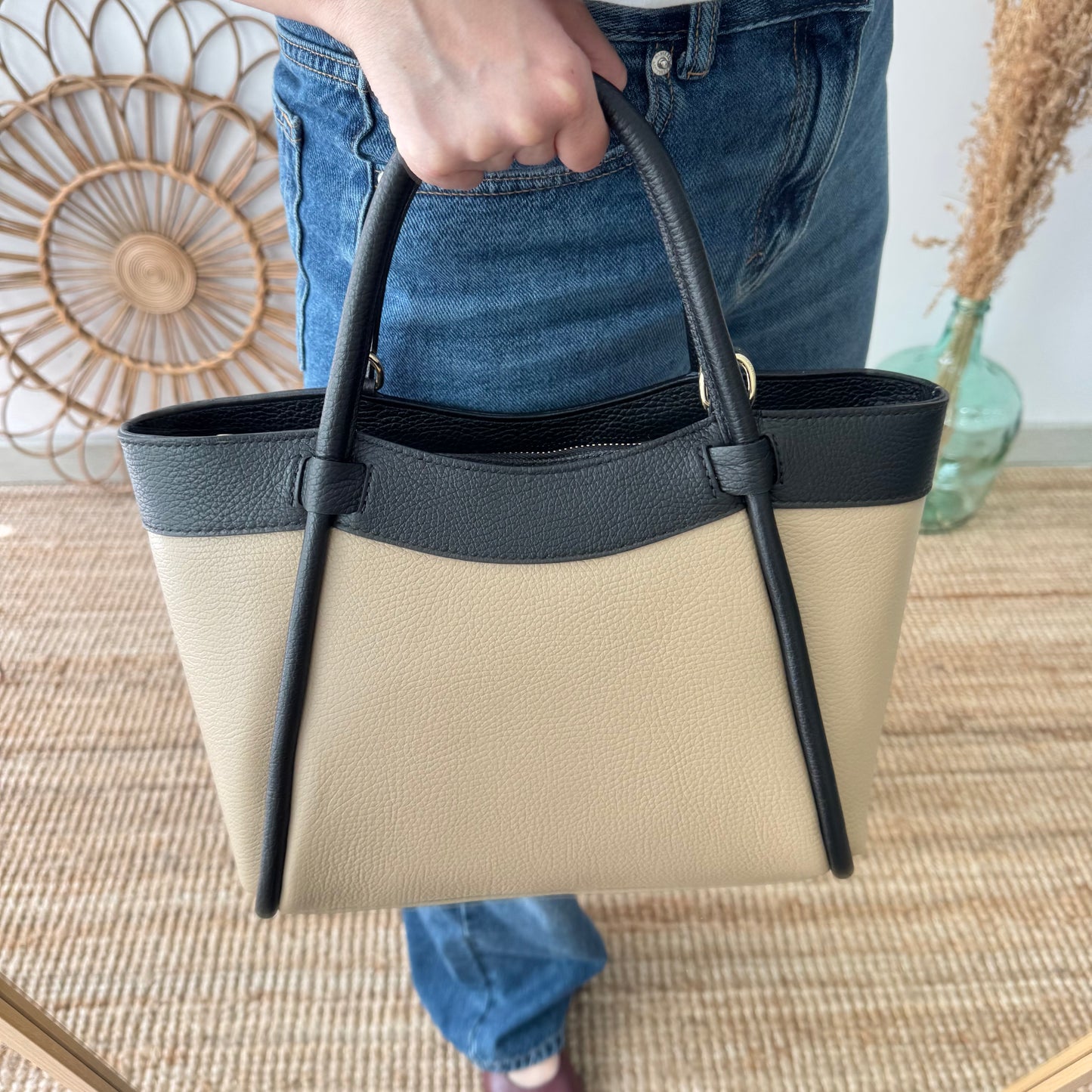 Bolso shopper piel taupe/negro