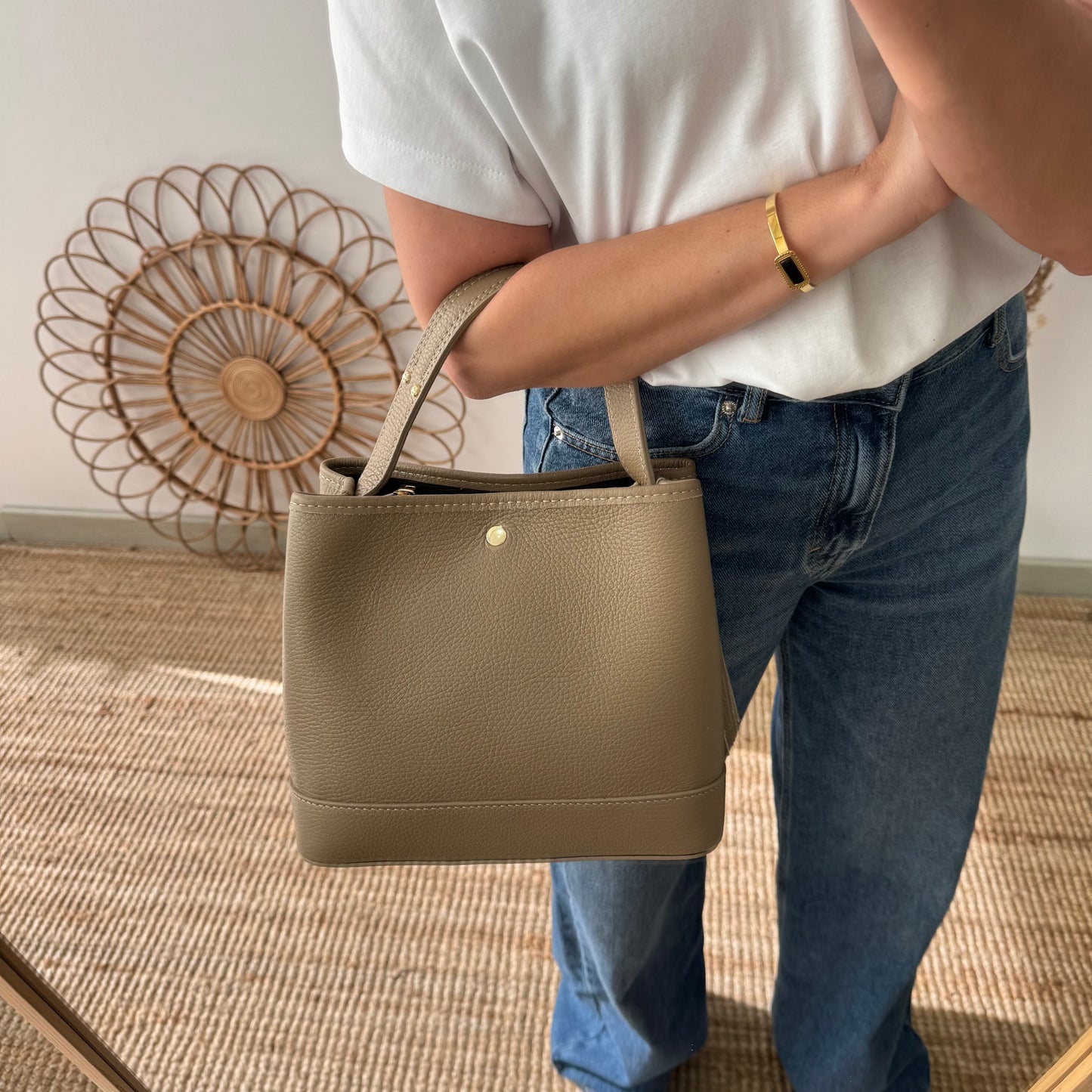 Bolso trapecio combinado piel taupe