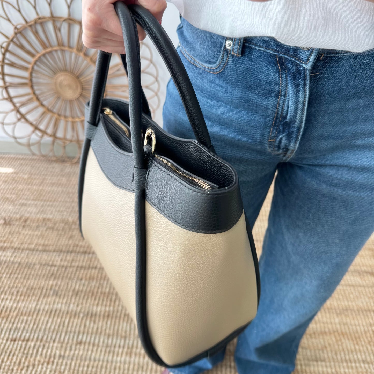 Bolso shopper piel taupe/negro